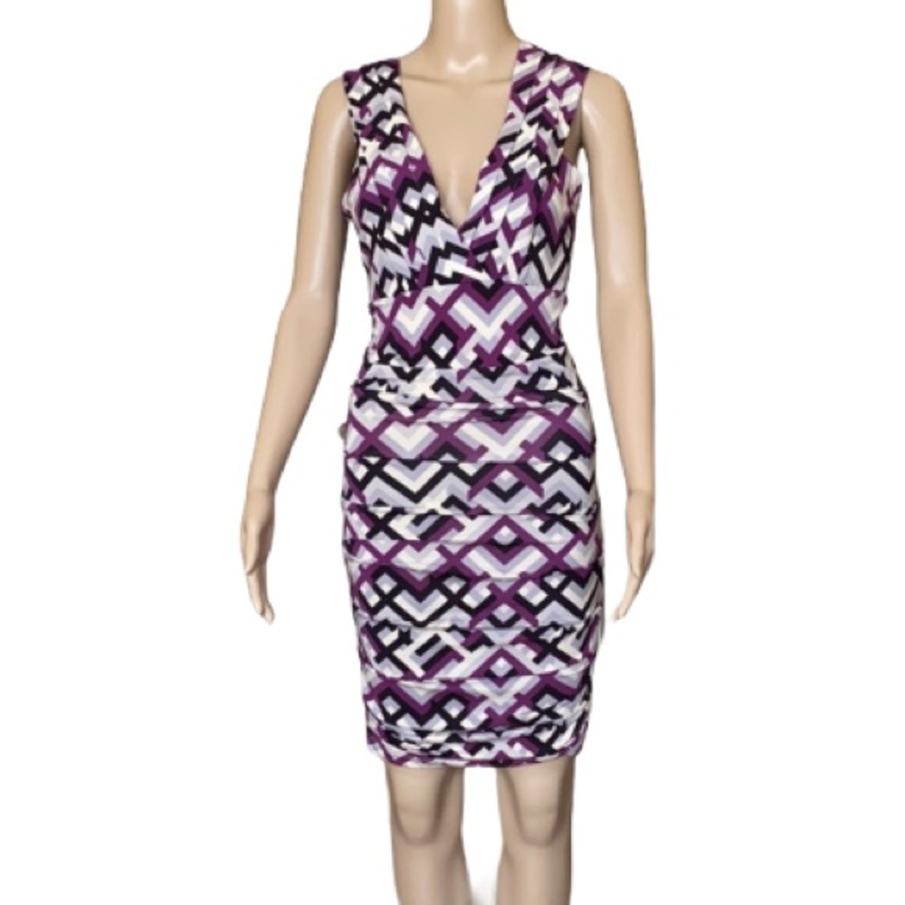Tart purple gray geometric print ruched jersey dress size S